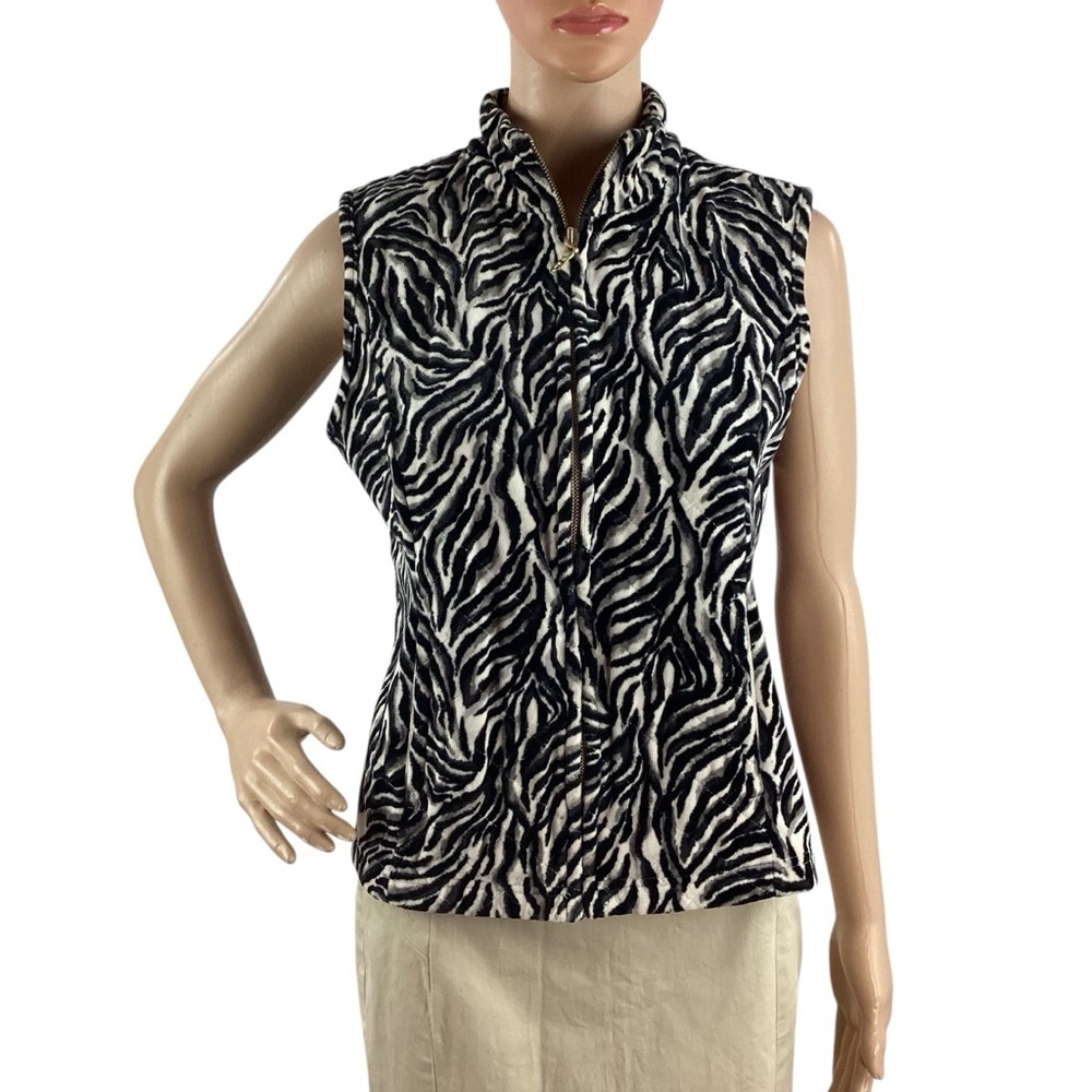 Charter Club Zebra Print Zip Front Vest Black White Size S